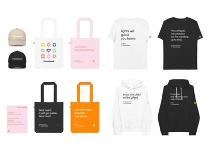 Collage of designed merchandise for the Bravehood emergency initiative to support children impacted in the Ukraine from war. #Bravehood